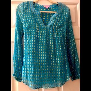 Lilly Pulitzer Colby Crinkle Silk Blouse Blue SM